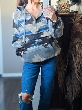 Aztec Southwestern Hoodie Pullover | Boho Western Zip Neck Sweater Size M Baja